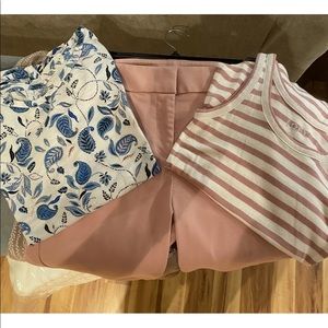 LOFT outfit - blue paisley, pink stripe, pink pant